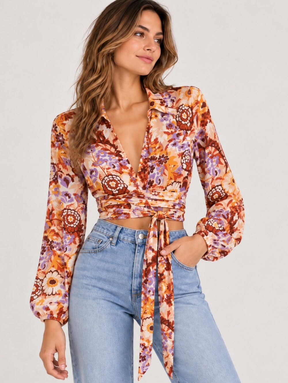 Stradivarius | Retro 70s Floral Wrap Tie Waist Cropped Blouse, Size S